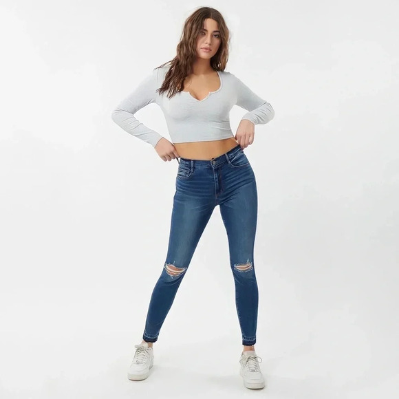 GARAGE High Rise Distressed Raw Hem Skinny Jeggings in Mudhoney Blue Size 7 - Picture 2 of 15